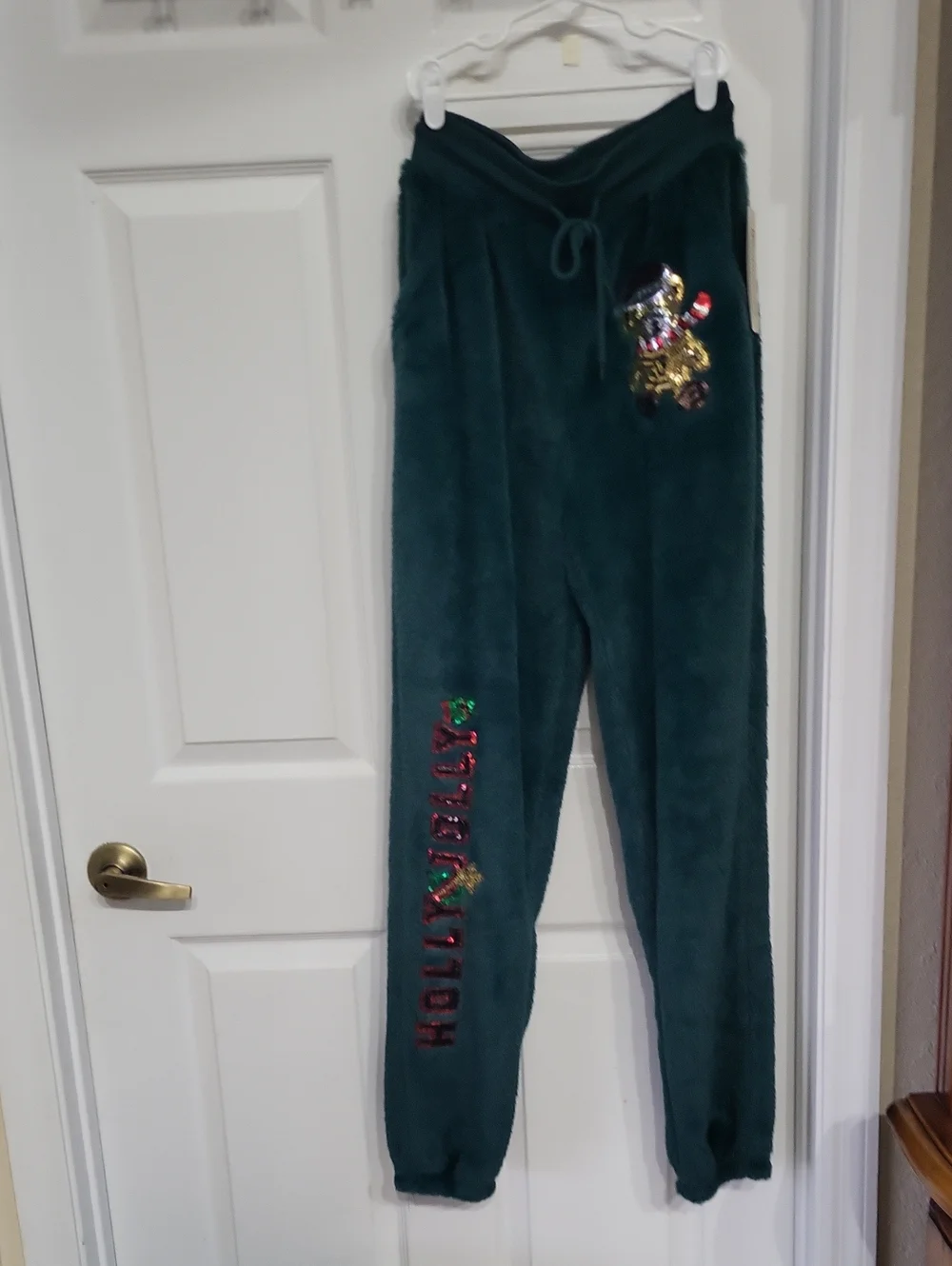 No Boundaries Teal Plush Joggers with Sequin Bear Accent